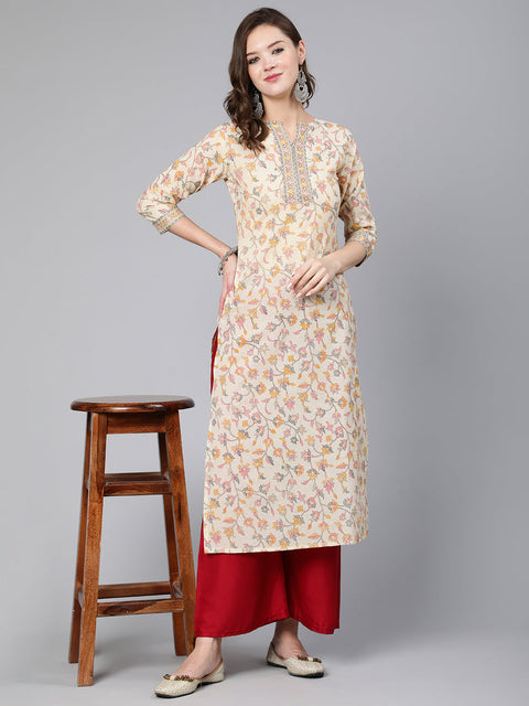 Women Cream Floral Printed Staight Kurta With Three Quarter Sleeves