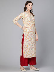 Women Cream Floral Printed Staight Kurta With Three Quarter Sleeves