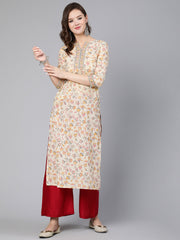 Women Cream Floral Printed Staight Kurta With Three Quarter Sleeves