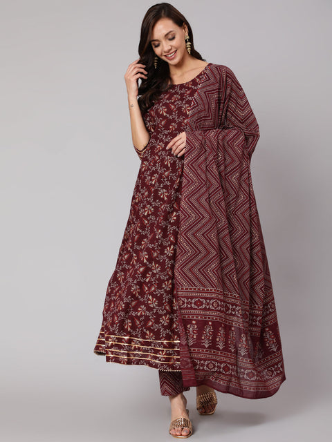 Women Burgundy Printed Flared Kurta With Trouser And Dupatta