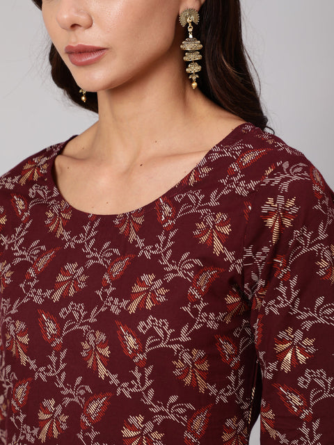 Women Burgundy Printed Flared Kurta With Trouser And Dupatta