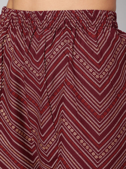 Women Burgundy Printed Flared Kurta With Trouser And Dupatta