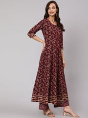 Women Burgundy Printed Flared Kurta With Trouser And Dupatta