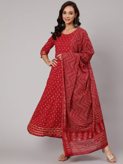 Women Red Printed Flared Kurta With Trouser And Dupatta