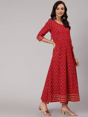 Women Red Printed Flared Kurta With Trouser And Dupatta