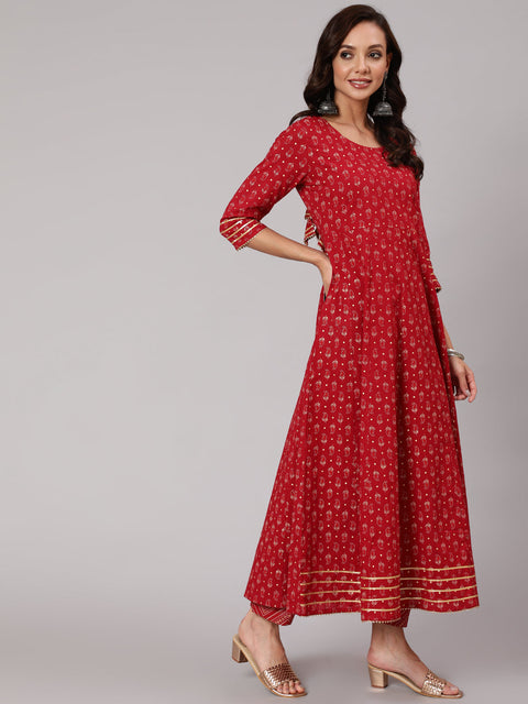 Women Red Printed Flared Kurta With Trouser And Dupatta