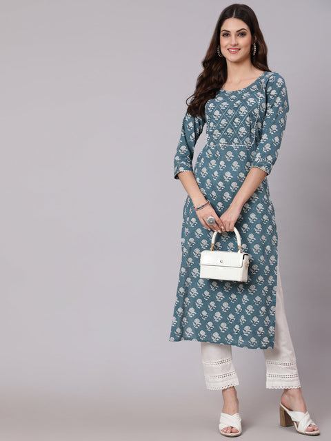 Women Grey Ethnic Printed Straight Kurta With Three Quarter Sleeves