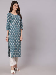 Women Grey Ethnic Printed Straight Kurta With Three Quarter Sleeves
