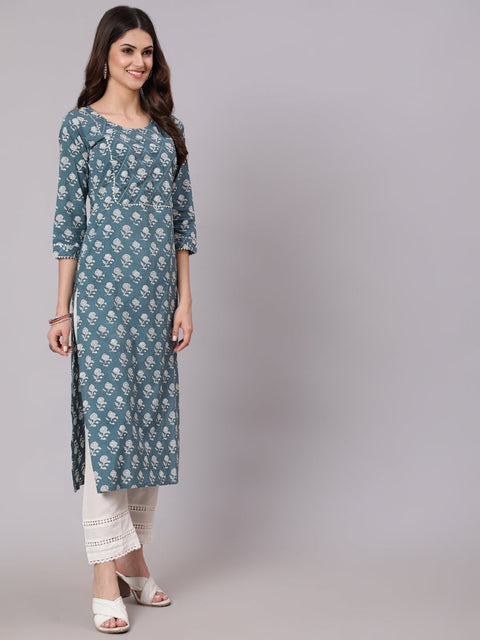 Women Grey Ethnic Printed Straight Kurta With Three Quarter Sleeves