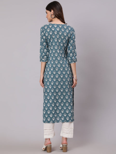 Women Grey Ethnic Printed Straight Kurta With Three Quarter Sleeves