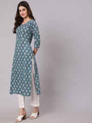 Women Grey Ethnic Printed Straight Kurta With Three Quarter Sleeves