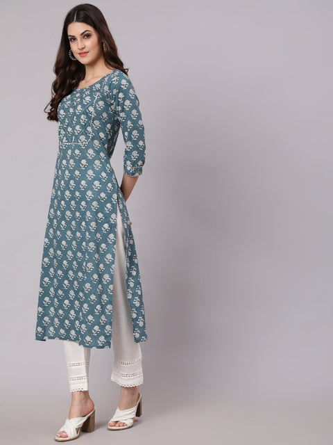 Women Grey Ethnic Printed Straight Kurta With Three Quarter Sleeves