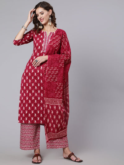 Women Burgundy Ethnic Motifs Printed Pure Cotton Kurta with Palazzos & Dupatta
