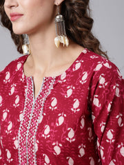 Women Burgundy Ethnic Motifs Printed Pure Cotton Kurta with Palazzos & Dupatta