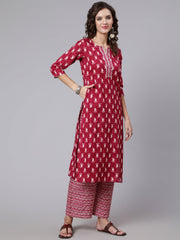 Women Burgundy Ethnic Motifs Printed Pure Cotton Kurta with Palazzos & Dupatta