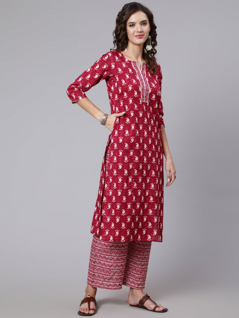 Women Burgundy Ethnic Motifs Printed Pure Cotton Kurta with Palazzos & Dupatta