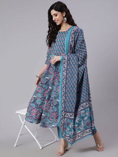 Women Blue Printed Flared Kurta With Trouser & Dupatta