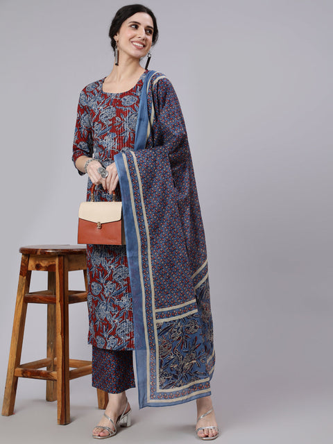 Women Maroon And Blue Floral Printed Straight Kurta And Palazzo With Palazzo