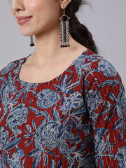 Women Maroon And Blue Floral Printed Straight Kurta And Palazzo With Palazzo