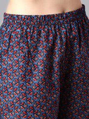 Women Maroon And Blue Floral Printed Straight Kurta And Palazzo With Palazzo