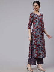 Women Maroon And Blue Floral Printed Straight Kurta And Palazzo With Palazzo