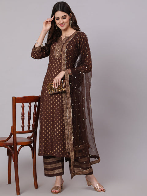 Women Choklet Brown Ethnic Kurta With Palazzo And Net Dupatta