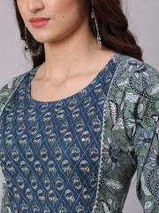 Women Green And Blue Printed Flared Kurta With Palazzo And Dupatta