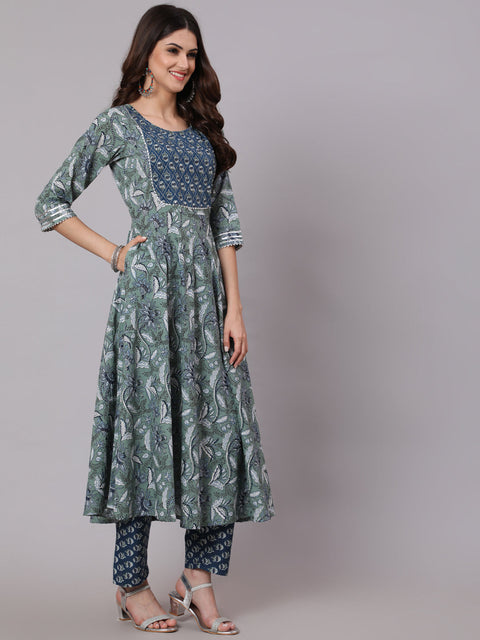 Women Green And Blue Printed Flared Kurta With Palazzo And Dupatta