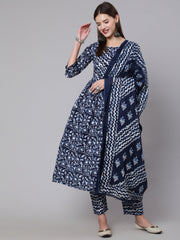 Women Navy Blue Printed Flared Kurta With Trouser And Dupatta