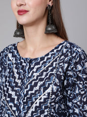 Women Navy Blue Printed Flared Kurta With Trouser And Dupatta