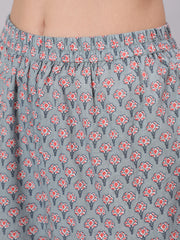 Women Grey Printed Flared Kurta With Trouser With Dupatta