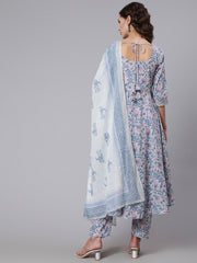 Women Grey Floral Printed Flared Kurta With Trouser And Dupatta