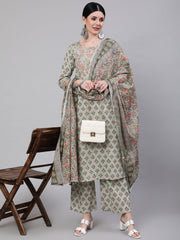 Women Green Printed Straight Kurta With Palazzo & Dupatta