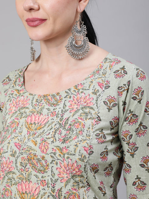 Women Green Printed Straight Kurta With Palazzo & Dupatta