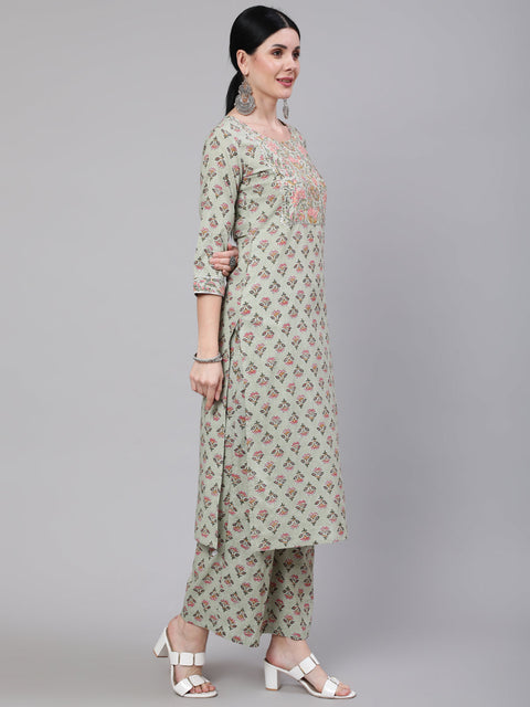 Women Green Printed Straight Kurta With Palazzo & Dupatta