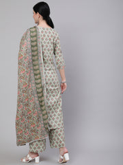 Women Green Printed Straight Kurta With Palazzo & Dupatta