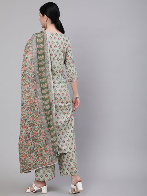 Women Green Printed Straight Kurta With Palazzo & Dupatta