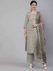 Women Green Printed Straight Kurta With Palazzo & Dupatta