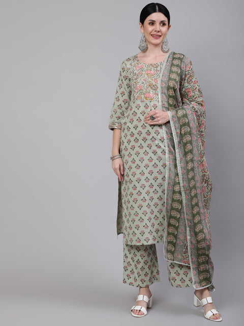 Women Green Printed Straight Kurta With Palazzo & Dupatta