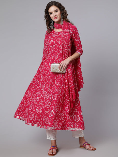 Women Pink Bandhini Printed Flared Kurta With Trouser With Dupatta