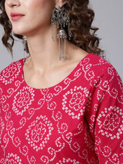 Women Pink Bandhini Printed Flared Kurta With Trouser With Dupatta