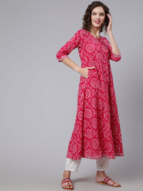 Women Pink Bandhini Printed Flared Kurta With Trouser With Dupatta