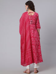 Women Pink Bandhini Printed Flared Kurta With Trouser With Dupatta