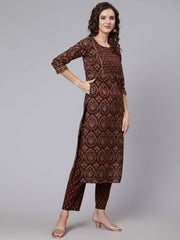 Women Brown Printed Flared Kurta With Trouser With Dupatta