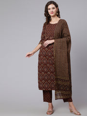 Women Brown Printed Flared Kurta With Trouser With Dupatta
