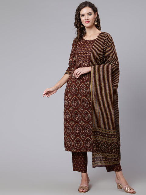 Women Brown Printed Flared Kurta With Trouser With Dupatta