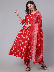 Women Red Dyed Printed Kurta And Trouser With Dupatta