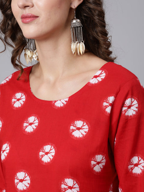 Women Red Dyed Printed Kurta And Trouser With Dupatta