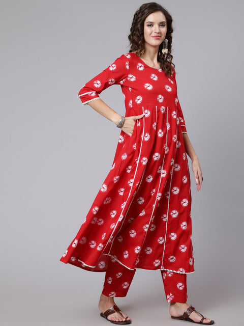 Women Red Dyed Printed Kurta And Trouser With Dupatta