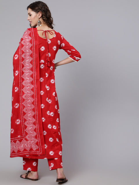 Women Red Dyed Printed Kurta And Trouser With Dupatta